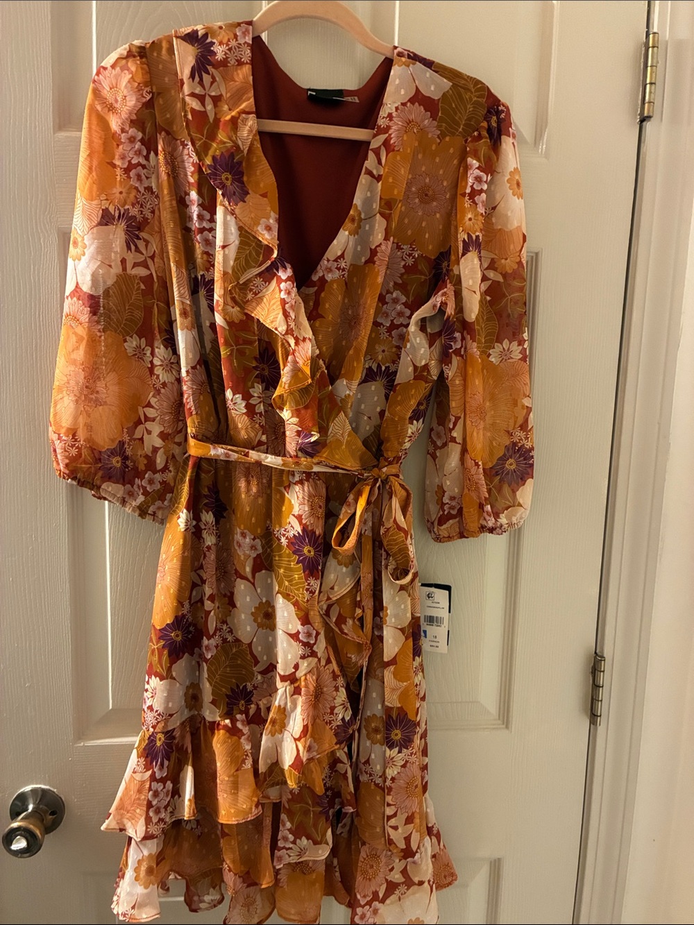 Maison‎ Tara Mustard and Purple Floral Ruffle Wrap Dress